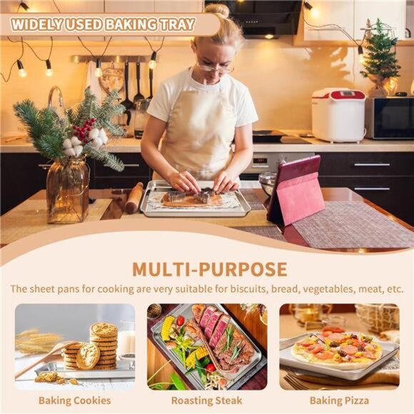 Stainless Steel Baking Sheet Set of 2, Deedro Cookie Sheet Metal Baking Pan Tray - Picture 3 of 7